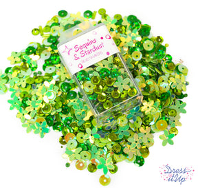Mix includes round sequins, flower sequins, seed beads, bugle beads, and more in greens
