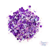 Each purple tone mix includes round sequins, seed beads, bugle beads, and more