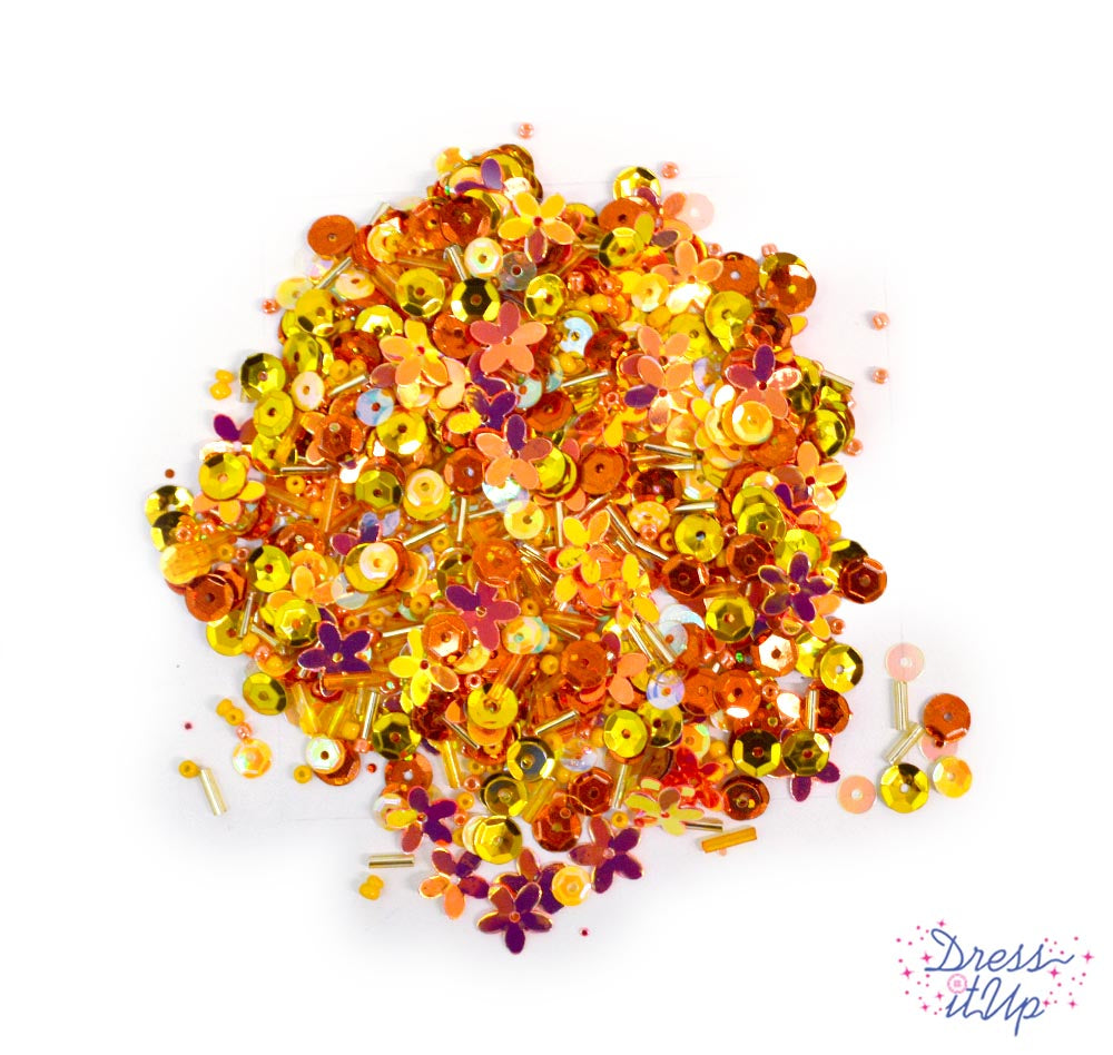 Each orange tone mix includes round sequins, flower sequins, seed beads, bugle beads, and more