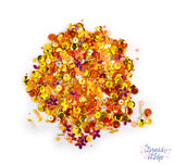 Each orange tone mix includes round sequins, flower sequins, seed beads, bugle beads, and more