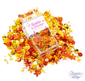 Each orange tone mix includes round sequins, flower sequins, seed beads, bugle beads, and more