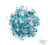 Each teal mix includes round sequins, flower sequins, seed beads, bugle beads, and more
