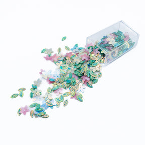 Pink and green flower and leaf sequins for paper and wood crafting