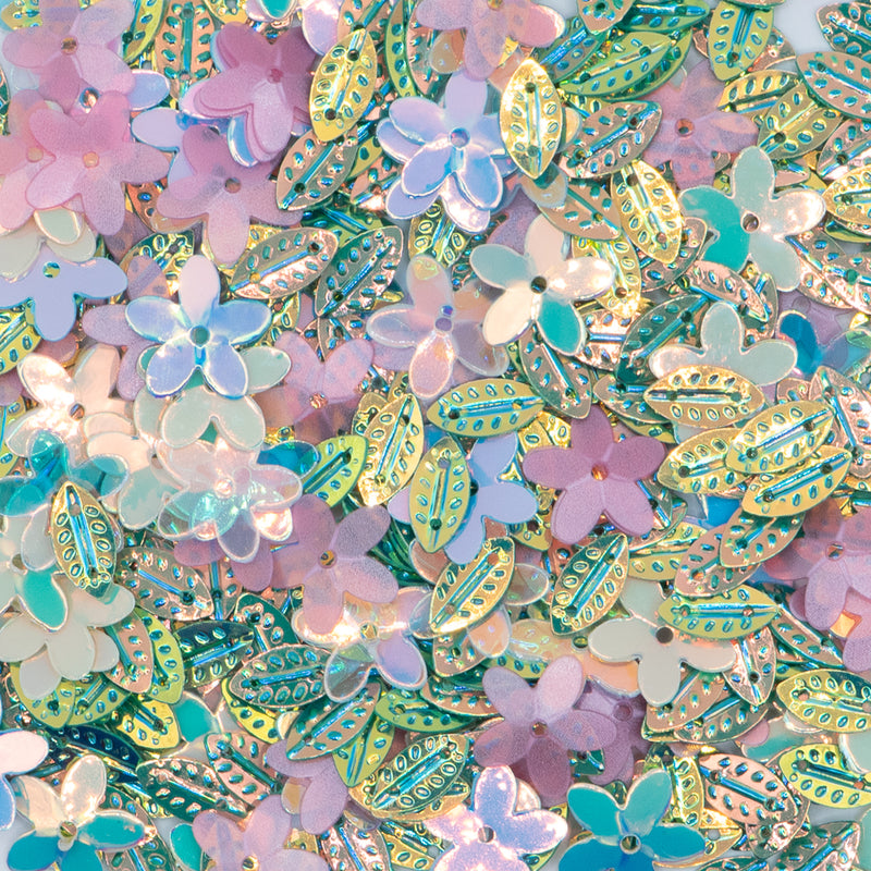 Pink and green flower and leaf sequins for paper and wood crafting