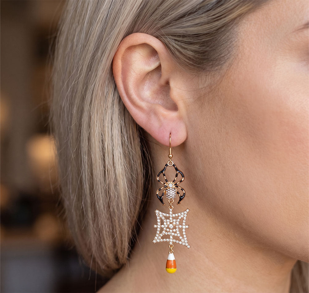 Alloy Crystal Rhinestone and Orange Enamel Spider Dangle Earrings
