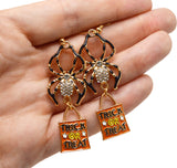 Alloy Crystal Rhinestone and Enamel Spider Trick Or Treat Dangle Earrings