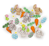 Easter-themed buttons for crafting. Eggs, rabbits, carrots and flowers.