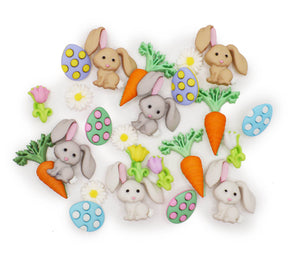 Easter-themed buttons for crafting. Eggs, rabbits, carrots and flowers.