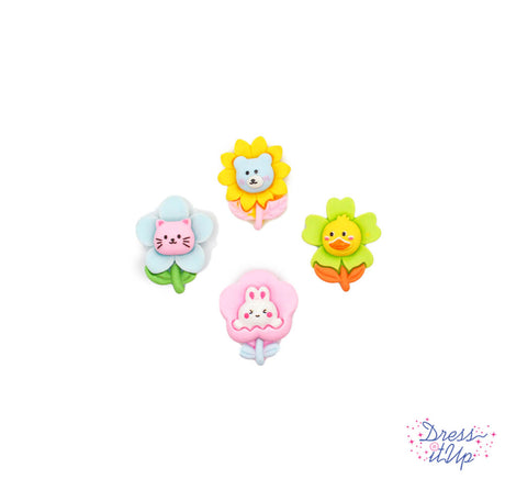 Pastel flowers with cute animal faces-cat, bear, duck and rabbit-add to spring and Easter crafting
