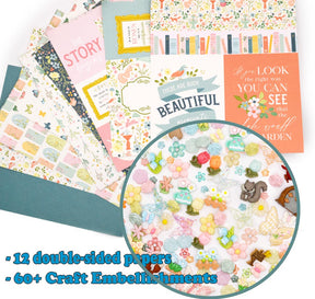 12 high-quality 6x6" double-sided papers from Echo Park Papers and 60+ coordinating Dress It Up buttons in soft, tea party-inspired hues