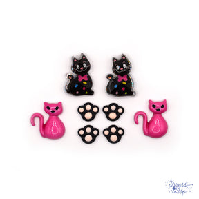 black and pink cat and cat paw themed craft embellishment