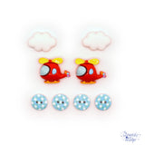 Two red helicopters, clouds and patterned buttons