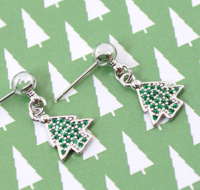 Platinum CZ Christmas Tree Dangle Earrings