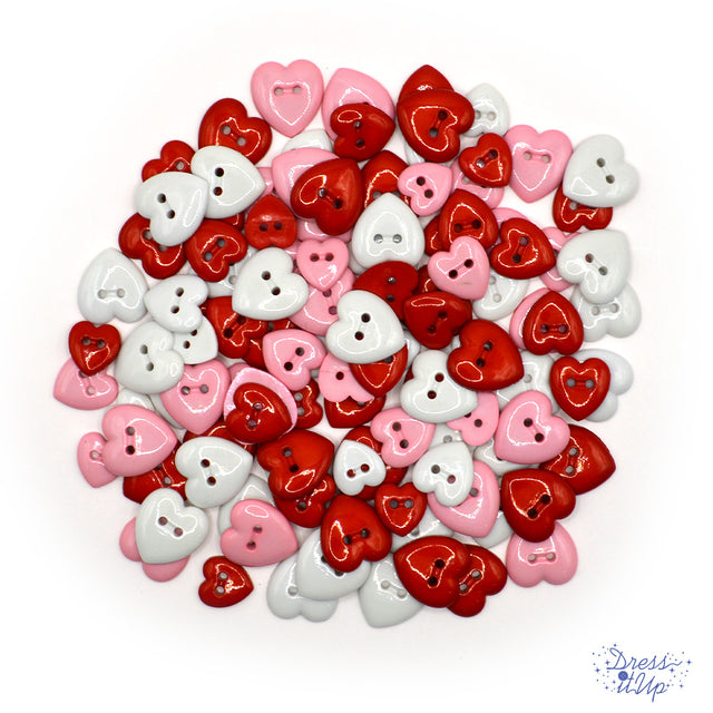 two-hole pink, white, and red sewing heart buttons for fabric, wood, and paper crafts