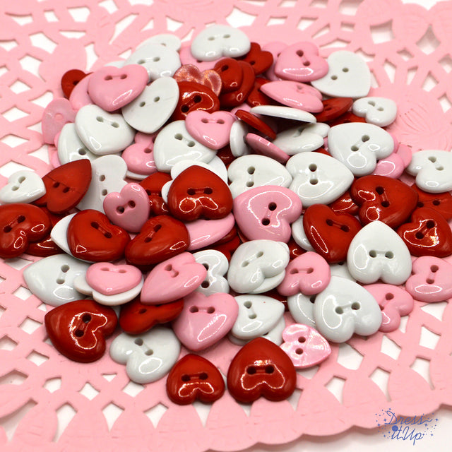 two-hole pink, white, and red sewing heart buttons for fabric, wood, and paper crafts