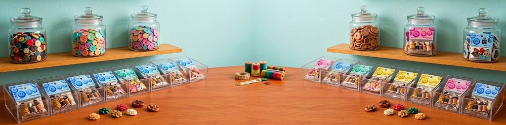 Buttons and button packs laid out on a desk and buttons in jars