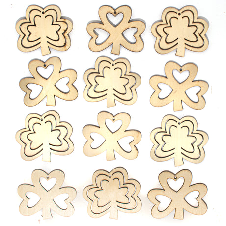Wood 4-leaf clover set 12 pieces