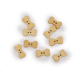 Wood sewing buttons in the shape of a dog bone for sewing and crafting projects
