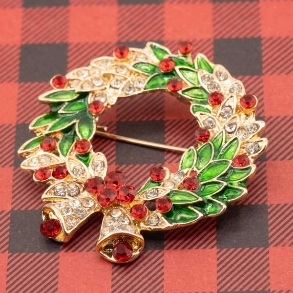 Christmas Wreath Rhinestone & Enamel Brooch