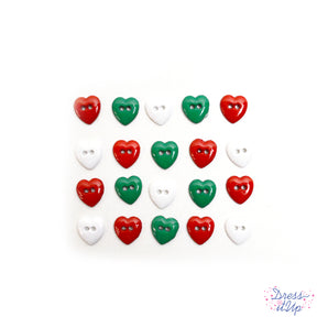 Heart shaped buttons in Christmas colors add shine to your projects