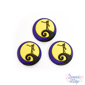 three piece loop back button set featuring the hill scene from disneys nightmare before christmas move