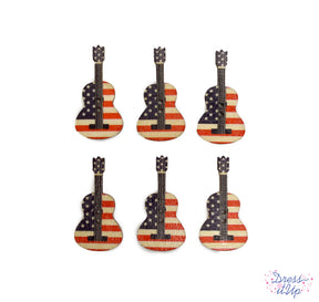 Wood guitar shaped buttons in American flag colors add to sewing and crafting