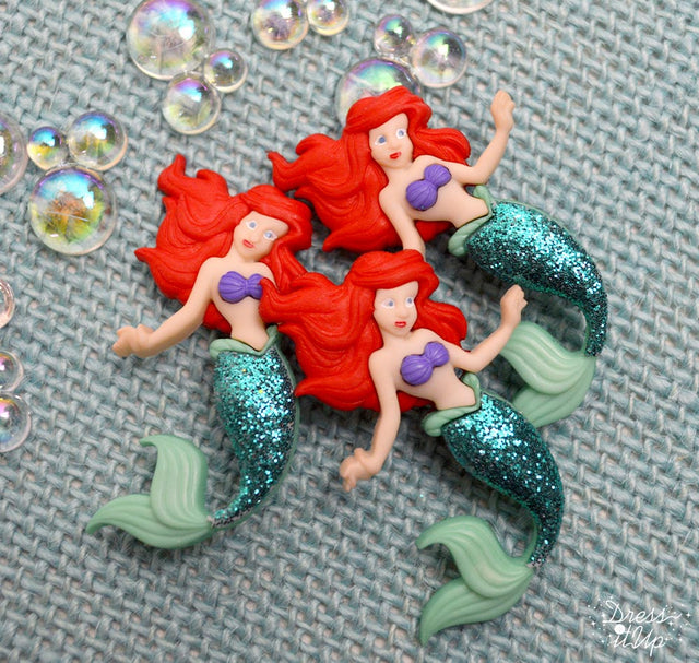 3 shank-back button embellishments pack with glitter Ariel from Disney's movie The Little Mermaid