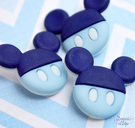 3 shank-back button embellishments with Disney's Mickey Mouse heads in light blue and dark blue