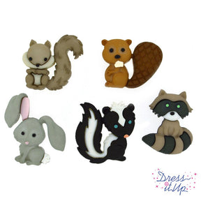 5 shank-back button embellishments pack with cute squirrel, beaver, bunny, skunk, racoon