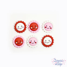 6 shank-back button embellishments pack with pink, red, white smiling, blushing flowers