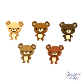 5 shank-back button embellishments pack with monochromatic tan and brown stuffed teddy bears