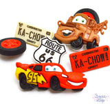 Lightning McQueen and Tow Mater from the Disney movie Cars head up this fun button pack