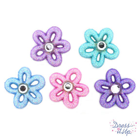 Bright blue, pink and purple glitter flower buttons for embellishing princess and girl crafts and gifts