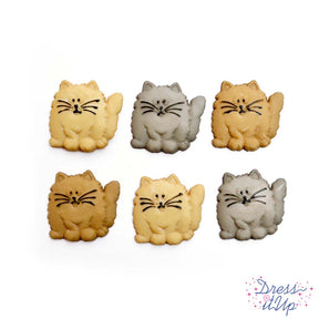 six cartoon cat buttons in grey for crafting and sewing