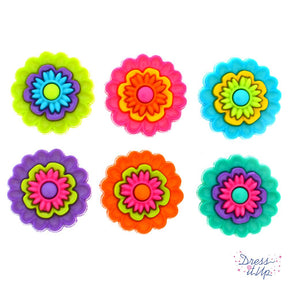 six bright colored flower shank buttons used in crafting and sewing hobby crafts