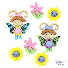 two fairies, three flowers with faces, and two pink flower shank buttons for sewing crafts