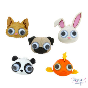 Five shank-back googly eye buttons in the shape of animals. Fish, cat, dog, bunny, and panda bear embellishments.