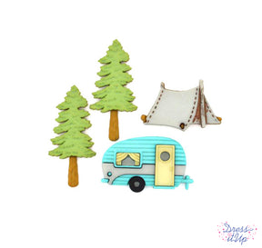 Featuring a camper, tent and two trees, perfect for outdoor and camping crafts