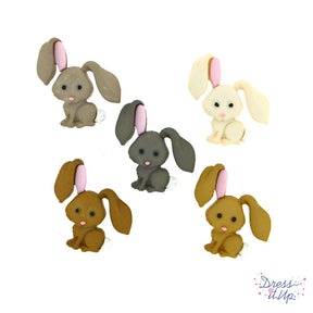 A pack of five rabbit shank-back buttons for sewing and crafting designs.