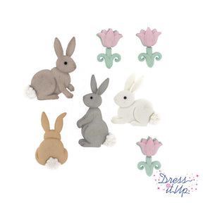 seven craft buttons with pink tulips and four bunnies for Easter and girl crafts