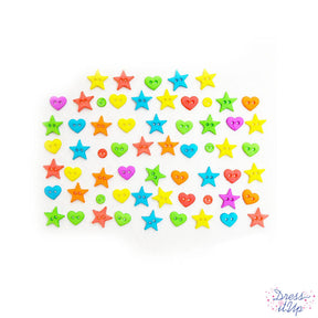 Bright color 2-hole buttons in hearts and stars add a pop of color to your creations