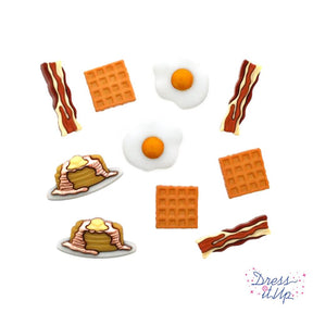 american breakfast themed buttons featuring eggs, waffles, pancakes and bacon