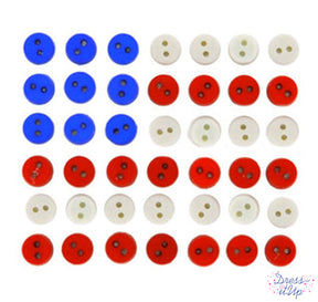 Round 2-hole sew-thru buttons in red, white and blue for sewing and crafting