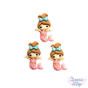 Six little girl pink and teal mermaid buttons for embellishing crafts