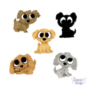 five large eye puppy buttons in natural colors for crafting and sewing projects