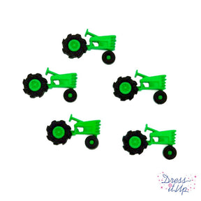 A pack of Five green tractor embellishments for sewing and other craft projects.