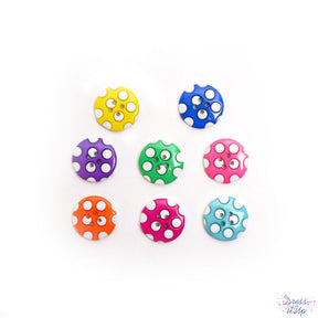 Round 4-hole in bright colors are adorned with polka dots to add to sewing and crafting projects