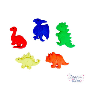 A pack of five large primary colored dinosaur buttons for sewing or boy crafts