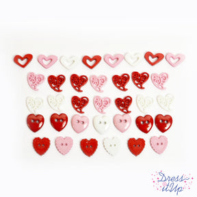 valentines day themed button and flat back embellishment assortment in heart shapes for crafting and sewing 