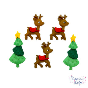 A pack of buttons in the shape of reindeer and christmas trees for holiday sewing and crafting projects